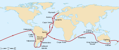 Route from Plymouth, England, south to Cape Verde then southwest across the Atlantic to Bahia, Brazil, south to Rio de Janeiro, Montevideo, the Falkland Islands, round the tip of South America then north to Valparaiso and Callao. Northwest to the Galapagos Islands before sailing west across the Pacific to New Zealand, Sydney, Hobart in Tasmania, and King George's Sound in Western Australia. Northwest to the Keeling Islands, southwest to Mauritius and Cape Town, then northwest to Bahia and northeast back to Plymouth.